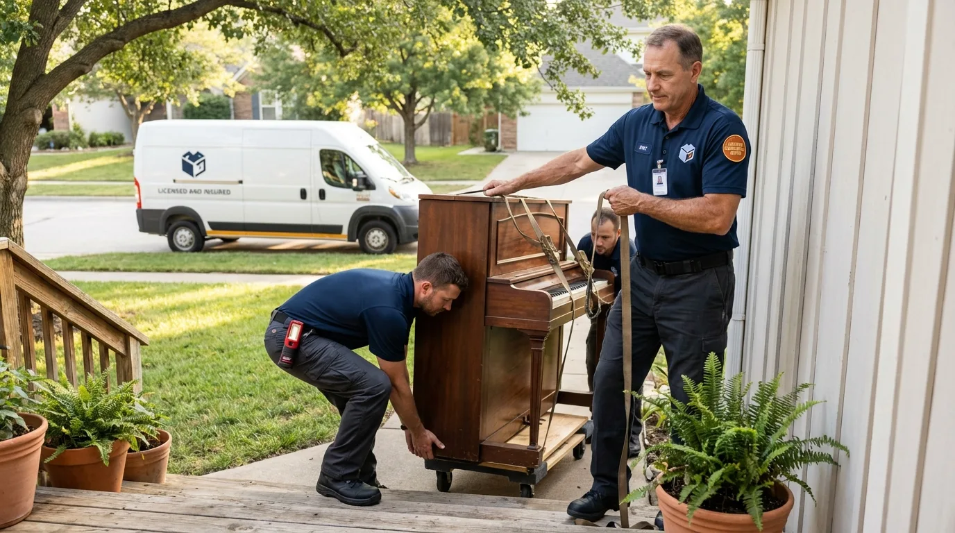 Licensed piano movers securing grand piano in Ridgely, TN