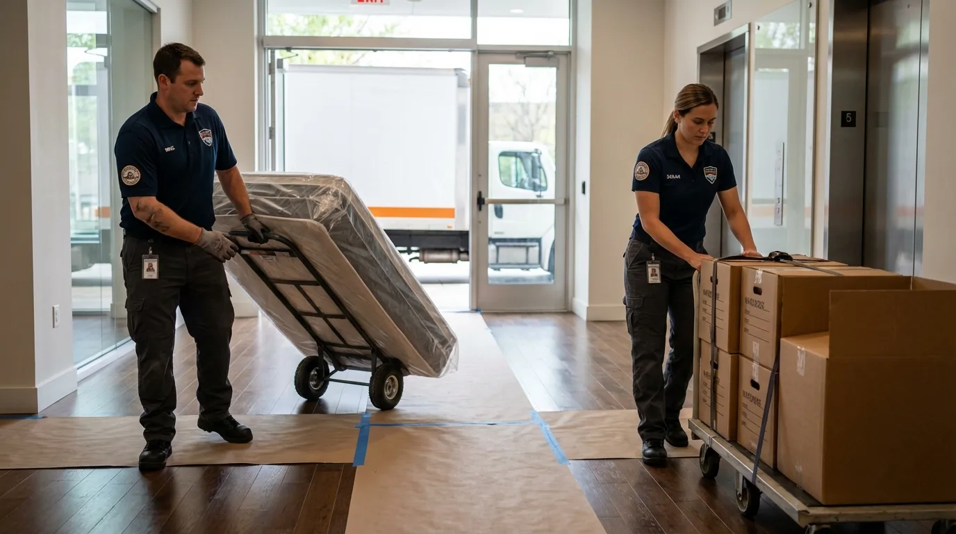 Professional apartment movers loading elevator in Ridgely, TN
